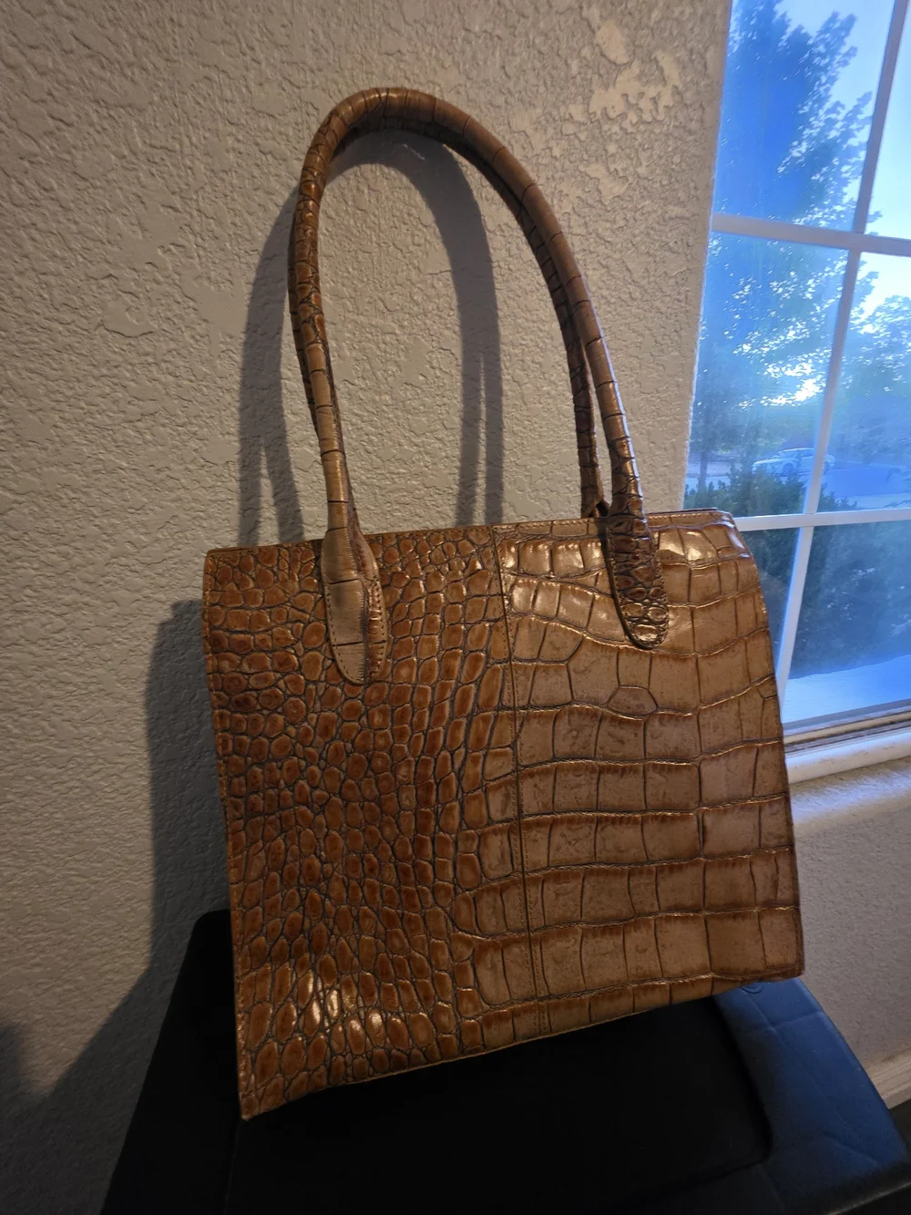 Preston & York Croc-Embossed Brown Shoulder Tote with Gold Turn-Lock